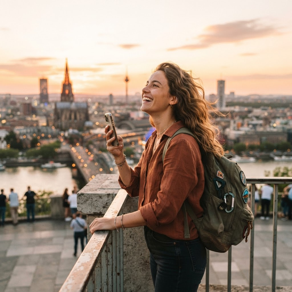 A traveler with a backpack looking out over a glowing city skyline at golden hour